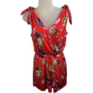 Express Floral Romper SZ S Red Tie Shoulder Boho Cottagecore Summer Vacation